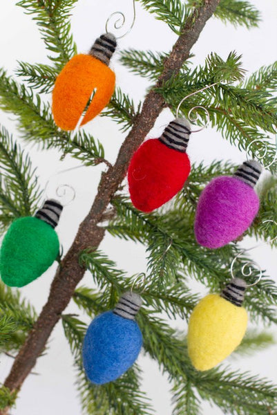 Christmas Light Bulb Ornaments- SET OF 6- Rainbow Colors