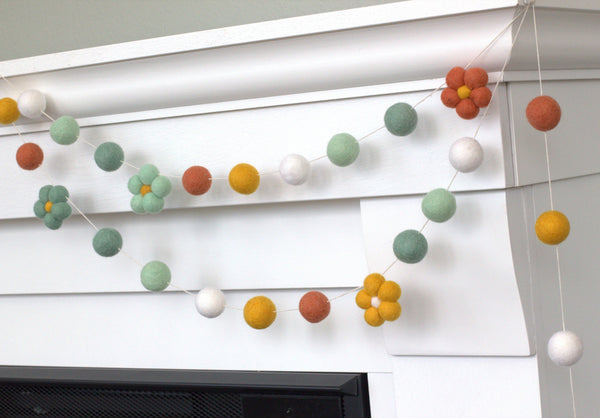 Felt Daisy Flower Garland- Teal, Golden, Terra Cotta
