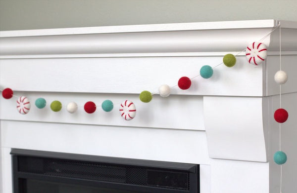 Peppermint Felt Christmas Garland- Red, Turquoise, Green, White
