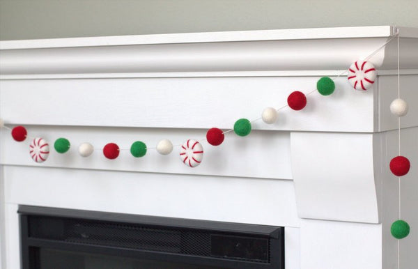 Peppermint Felt Christmas Garland- Red, Kelly Green, White