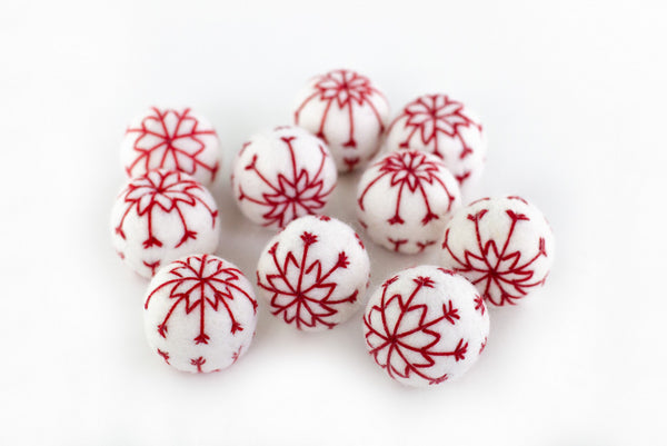 Snowflake Felt Balls- White with Red Stitching