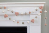 Valentine's Day Felt Ball & Heart Garland- Pale Pink, Gray, White