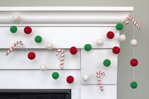 Candy Cane Felt Garland- Kelly Green, Red, White