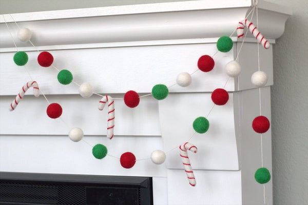 Candy Cane Felt Garland- Kelly Green, Red, White