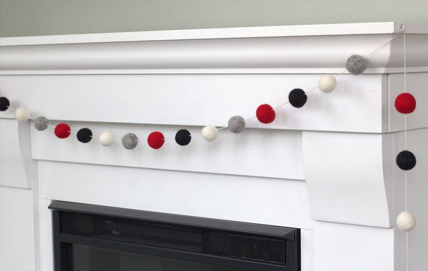 Buffalo Plaid Christmas Felt Ball Garland- Black, Gray, Red, White