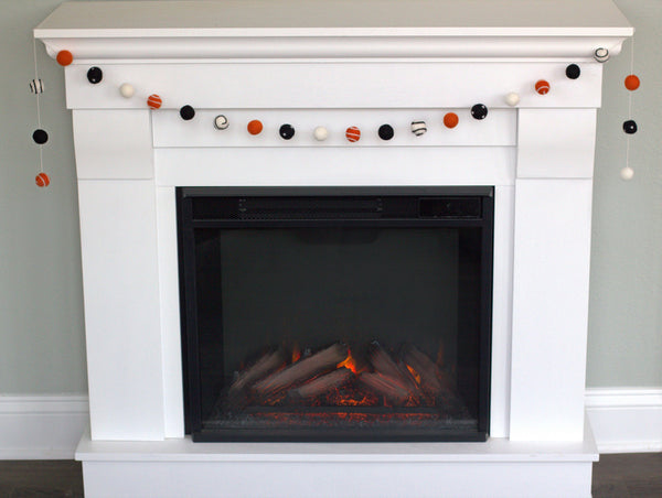 Halloween Garland Decor- Swirls Pom Poms- Black, Bright Orange & White