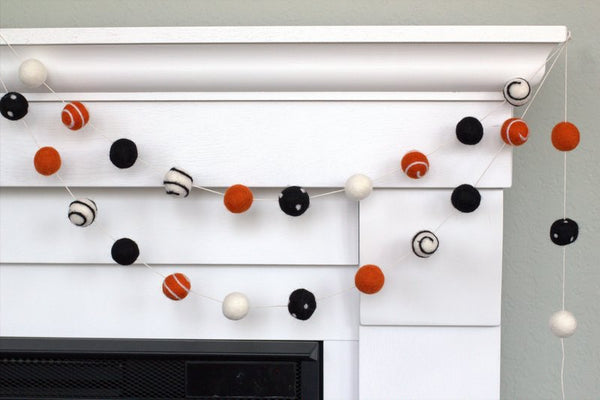 Halloween Felt Ball Garland- Black, Orange, Swirls