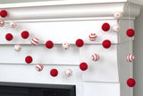 Christmas Felt Ball Garland- Red, White- Swirls & Dots