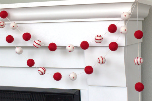 Christmas Felt Ball Garland- Red, White- Swirls & Dots