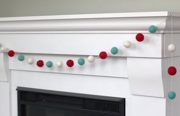 Christmas Felt Ball Garland- Red, Turquoise, White