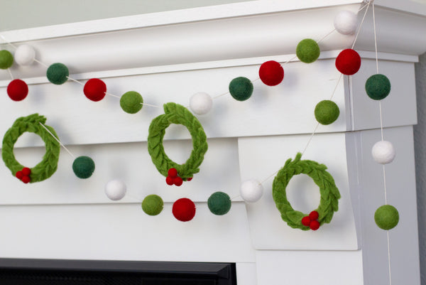 Christmas Wreath Felt Garland- Red, Shades of Green, White