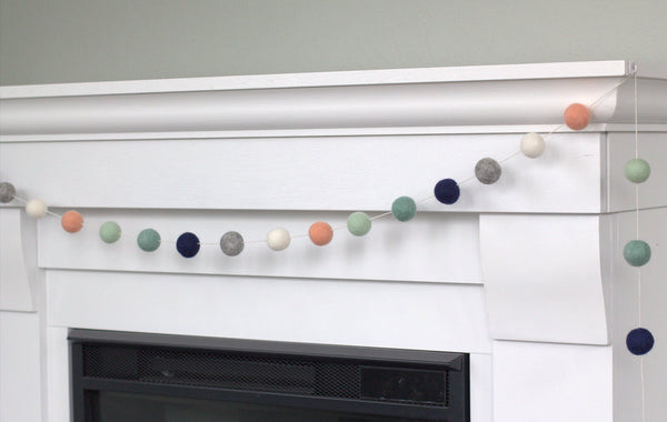 Felt Ball Garland- Navy, Teal, Peach, Seafoam, Gray