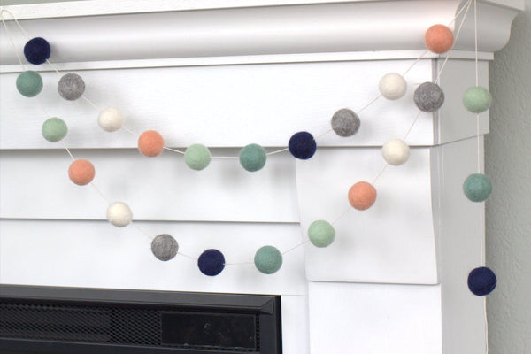 Felt Ball Garland- Navy, Teal, Peach, Seafoam, Gray