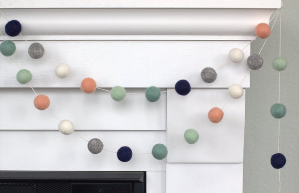 Felt Ball Garland- Navy, Teal, Peach, Seafoam, Gray