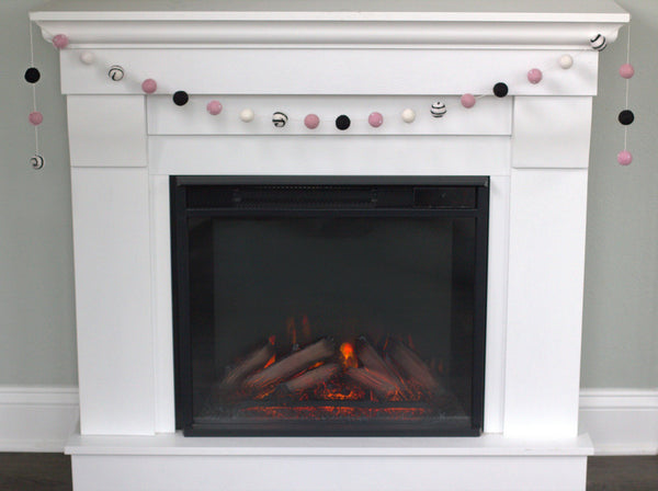 Valentine's Day Felt Ball Garland- Black, Baby Pink, White- Swirls