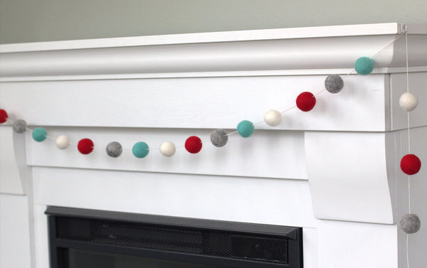Christmas Felt Ball Garland- Red, Turquoise Blue, Gray, White