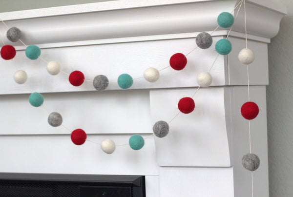 Christmas Felt Ball Garland- Red, Turquoise Blue, Gray, White