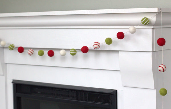 Christmas Felt Ball Garland- Swirls- Red, Green, White