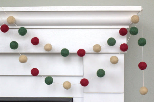 Christmas Felt Ball Garland- Burgundy Red, Forest Green, Almond