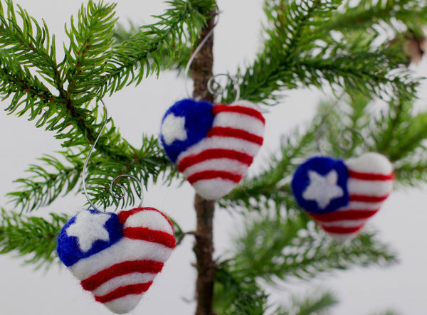 Fourth of July Ornaments- SET of 3 Red, White, Blue Flag Hearts