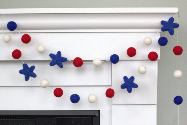 Fourth of July Felt Ball & Star Garland- Red, Royal Blue, White