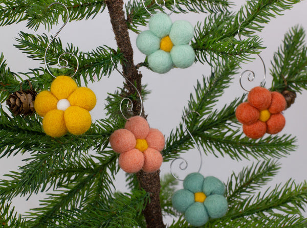 Felt Daisy Flower Ornaments- Teal, Peach, Golden