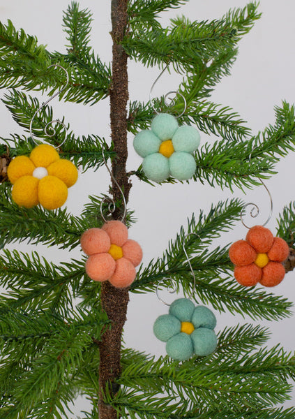 Felt Daisy Flower Ornaments- Teal, Peach, Golden