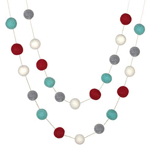 Christmas Felt Ball Garland- Red, Turquoise Blue, Gray, White