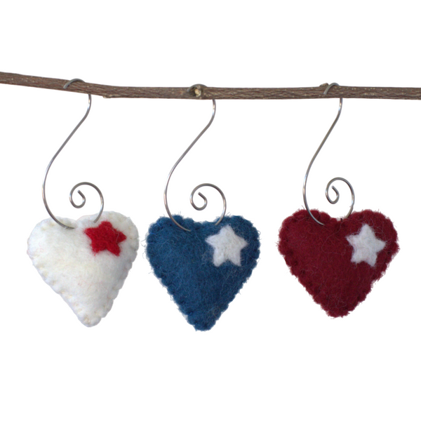 Fourth of July Ornaments- SET of 3 Red, White, Blue Flag Hearts with Stars