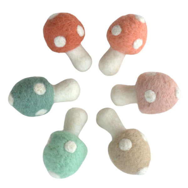 Wool Felt Mushrooms- Pastel Peaches & Teals- 6 Pieces
