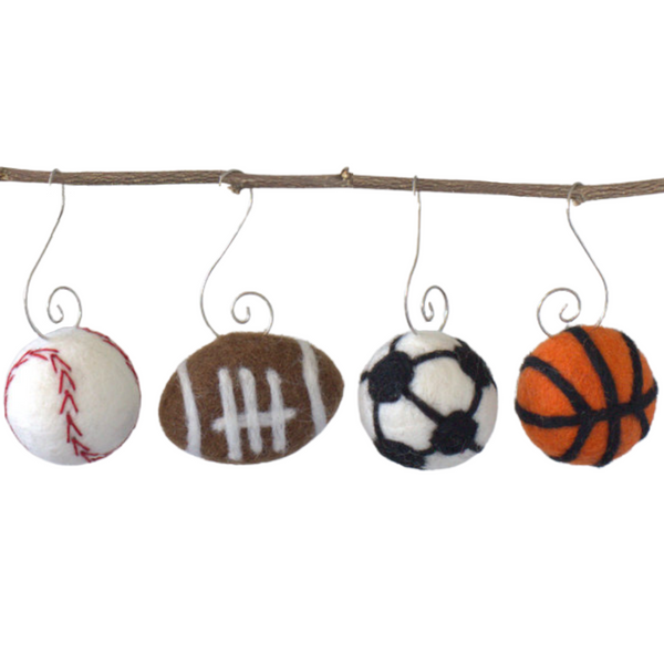 Sports Ornaments- SET OF 4- Football, Baseball, Basketball, Soccer Ball
