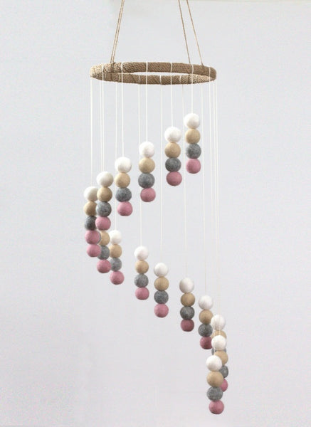 Spiral Felt Ball Mobile- Pink, Gray, Almond, White