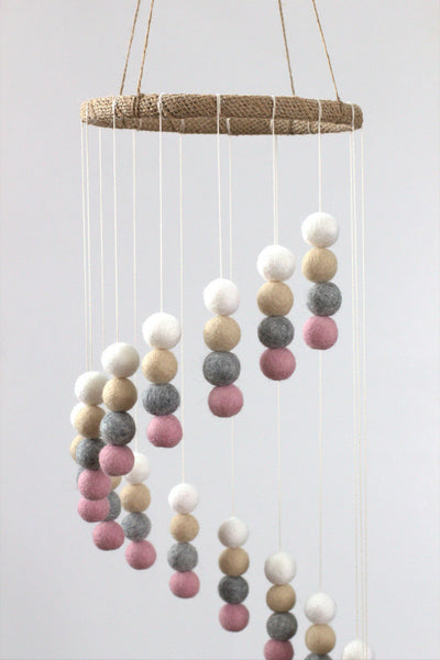 Spiral Felt Ball Mobile- Pink, Gray, Almond, White