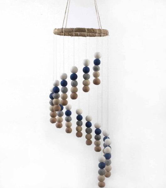 Spiral Felt Ball Mobile- Blue, Tan, Almond, Gray, White