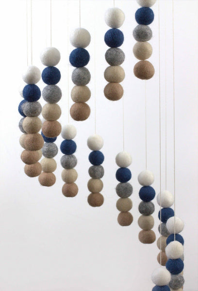 Spiral Felt Ball Mobile- Blue, Tan, Almond, Gray, White