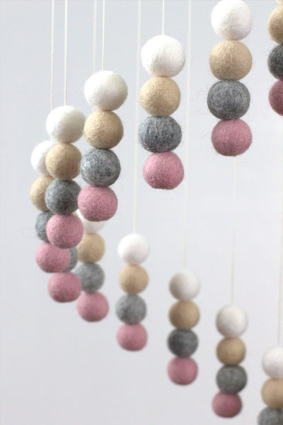 Spiral Felt Ball Mobile- Blush Pink, Gray, Almond & White