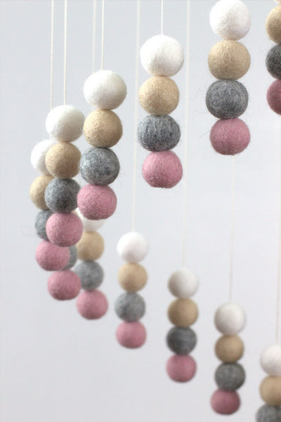 Spiral Felt Ball Mobile- Pink, Gray, Almond, White