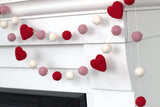 Valentine's Day Garland Decor- Red, Pink, White Felt Balls & Hearts