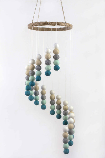 Spiral Felt Ball Mobile- Teal, Seafoam, Almond, Gray, White