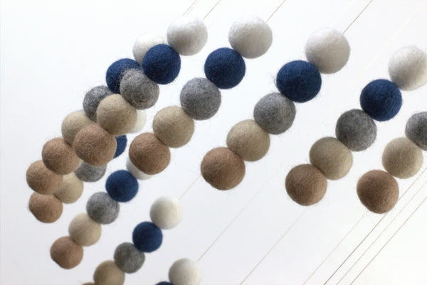 Spiral Felt Ball Mobile- Blue, Tan, Almond, Gray, White