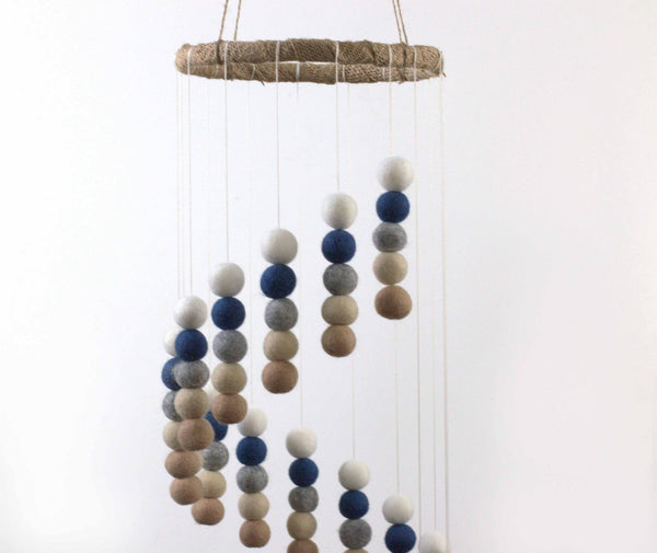 Spiral Felt Ball Mobile- Blue, Tan, Almond, Gray, White