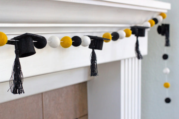 Graduation Cap Felt Ball Garland- Black Gold White with BLACK tassels - 1" (2.5 cm) Wool Felt Balls- Graduation Hat Party Decor Banner…