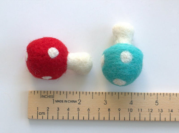 Wool Felt Mushrooms- Red, Blue, Green, Gray- 6 Pieces