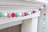 Valentine's Day Felt Ball Garland- Pink, Turquoise- Swirls & Dots