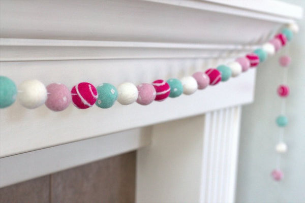 Valentine's Day Felt Ball Garland- Pink, Turquoise- Swirls & Dots