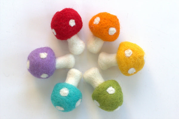 Wool Felt Mushrooms- Bright Rainbow Colors- 6 Pieces