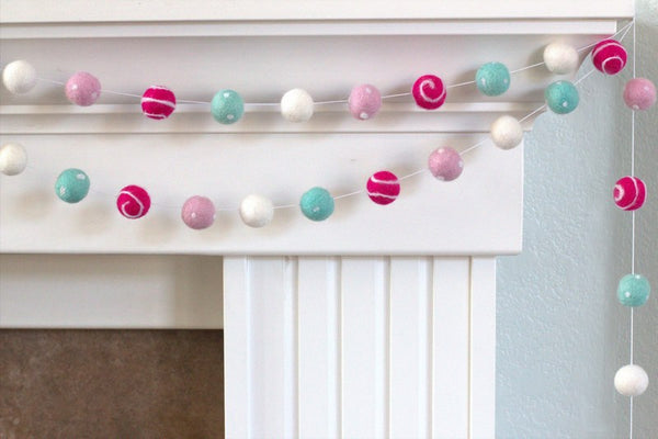 Valentine's Day Felt Ball Garland- Pink, Turquoise- Swirls & Dots