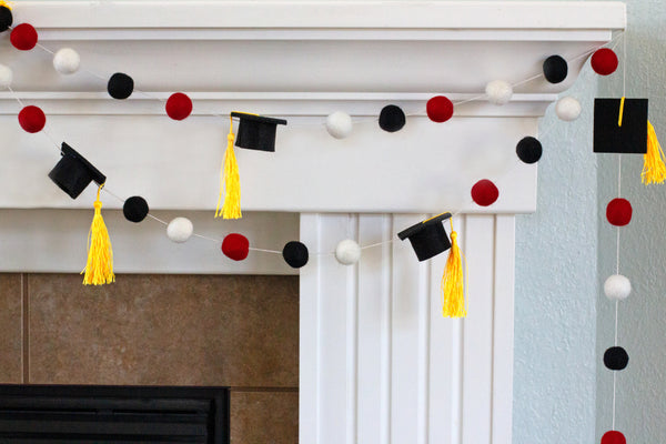 Graduation Cap Felt Ball Garland- Red Black White with GOLD tassels - 1" (2.5 cm) Wool Felt Balls- Graduation Hat Party Decor Banner…