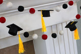 Graduation Cap Felt Ball Garland- Red Black White with GOLD tassels - 1" (2.5 cm) Wool Felt Balls- Graduation Hat Party Decor Banner…