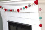 Valentine's Day Felt Ball & Heart Garland- Red, Turquoise, Gray, Baby Pink